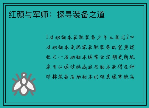 红颜与军师：探寻装备之道